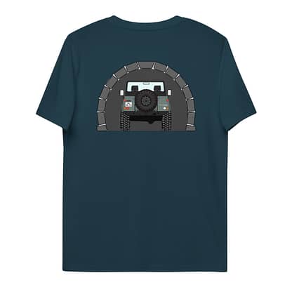 T-shirt Achterkant, Landrover Defender 90 Pickup in tunnel Stargazer blauw