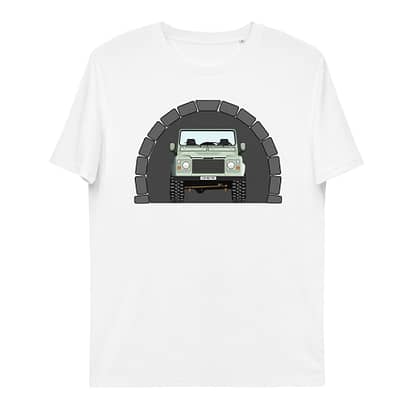 T-shirt Voorkant, Landrover Defender 90 Pickup in tunnel wit