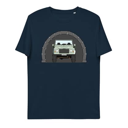 T-shirt Voorkant, Landrover Defender 90 Pickup in tunnel Navy blauw