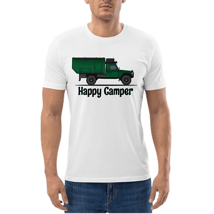 T-Shirt, ECO, Happy Camper, Landrover Defender 127 camper Big-Six, wit
