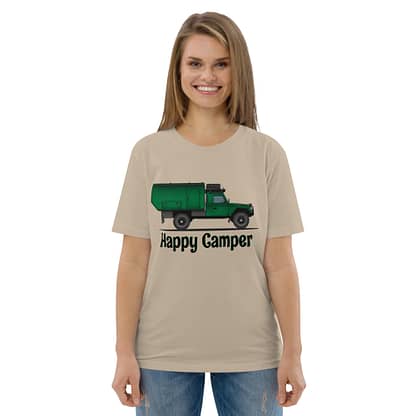T-Shirt, ECO, Happy Camper, Landrover Defender 127 camper Big-Six, Dessert dust