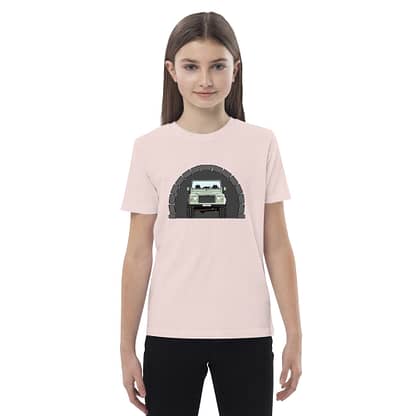 Kinder T-shirt Roze, Uniseks, Landrover Defender 90 groen in tunnel