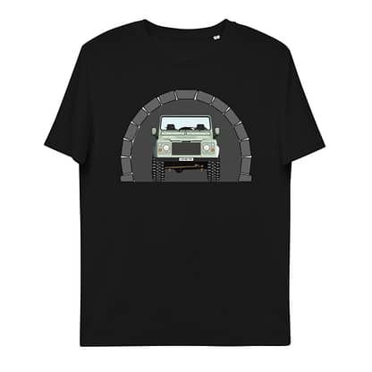 T-shirt Voorkant, Landrover Defender 90 Pickup in tunnel Zwart