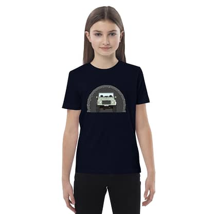 Kinder T-shirt Navy , Uniseks, Landrover Defender 90 groen in tunnel