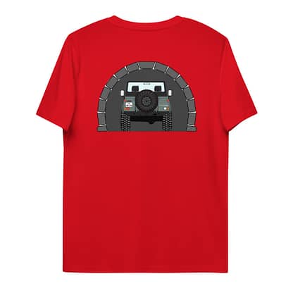 T-shirt Achterkant, Landrover Defender 90 Pickup in tunnel Rood