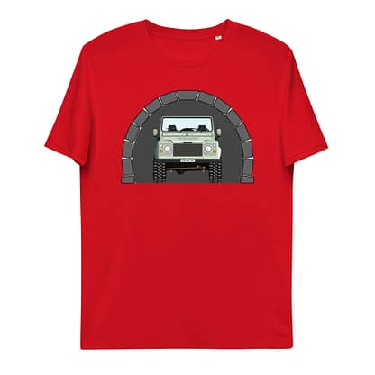 T-shirt Voorkant, Landrover Defender 90 Pickup in tunnel Rood