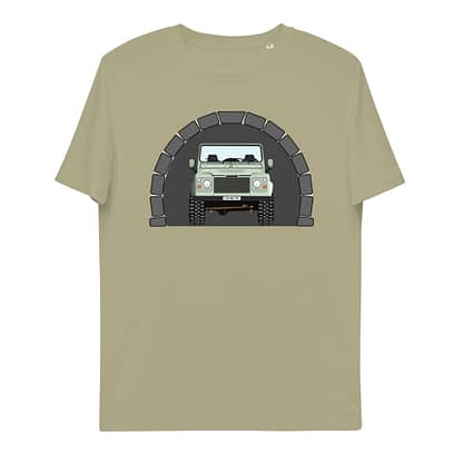 T-shirt Voorkant, Landrover Defender 90 Pickup in tunnel Sage