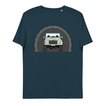 T-shirt Voorkant, Landrover Defender 90 Pickup in tunnel Stargazer blauw