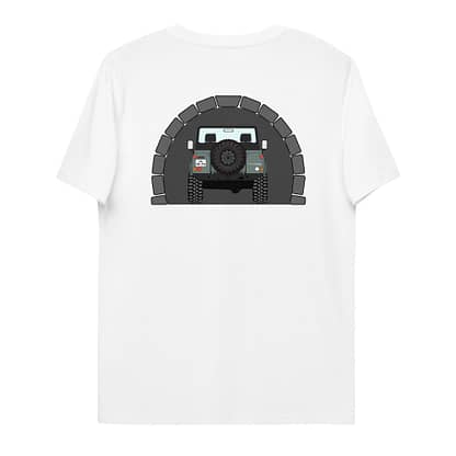 T-shirt Achterkant, Landrover Defender 90 Pickup in tunnel wit