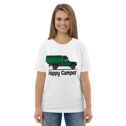 T-Shirt, ECO, Happy Camper, Landrover Defender 127 camper Big-Six, wit